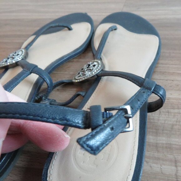 TORY BURCH Liana Flat Jewel Embellished Leather Thong Sandals in Blue Sz US 7.5 - Picture 13 of 15
